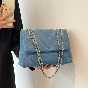 Chevron Shoulder Bag for Women Denim Blue Vintage Messenger Bags Large Work Study Street Tote Bag Purses and Handbags