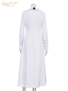Clacive Fashion Slim White Office Dress Casual Lapel Long Sleeve Ankle Length Dress Elegant Classic Slit Dresses For Women 2024