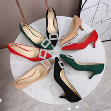 Charger l&#39;image dans la galerie, Fashion Women 5cm High Heels Pumps Lady Wedding Bridal Red Suede Sandals Low Heels Party Crystal Buckle Shoes
