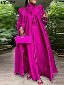 2023 VONDA 5XL Plus Size Women Dress Stand Collar Elegant Satin Dress Long Bat Sleeve Evening Pleated Maxi Sundress Casual Robe