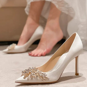 Maogu Satin Rhinestone Crystal Shallow Pumps Stiletto High Heel Luxury Women's Shoe Spring White Women Bridal Wedding Shoes