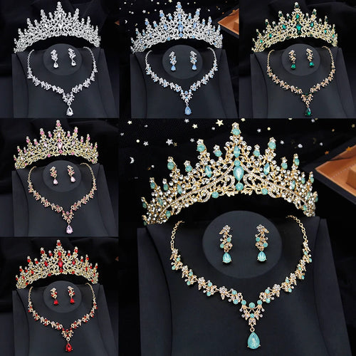 Baroque Green Color Crystal Bridal Jewelry Sets Tiaras Crown Necklace Earrings Wedding Dubai Jewelry Set