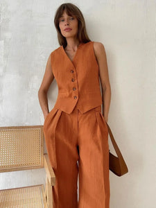 Wolfeel Womem Linen Cotton Chic Vest ＆ Pants Suit Two-Piece Set Office Summer Chic 2 Piece Sets