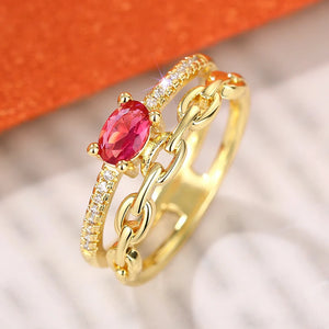 Designed Red Cubic Zirconia Women Rings Statement Chain Design Gold Color Female Rings for Wedding Party Jewelry