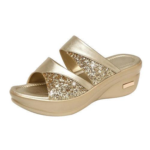 Female Casual Slingbacks Sandals Glitter PU Wedge Platform Comfortable Sandals for Women Spring Summer Wedge Slippers
