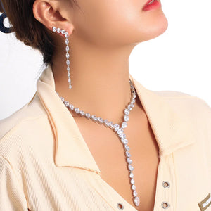 2PCS Luxury Long Dangle Necklace Cubic Zirconia Jewlery Set for Women b150