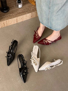 Pointed Toe Women Sandals Black White Red Back Strap Summer Dress Shoes Thin Mid Heeled Party Pumps
