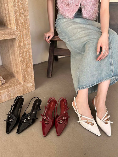 Pointed Toe Women Sandals Black White Red Back Strap Summer Dress Shoes Thin Mid Heeled Party Pumps