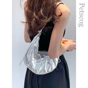 Silver Ruched Women's Handbag Drawstring Zipper Half Moon Underarm Hobo Soft Purse Luxury Party Shoulder Bags