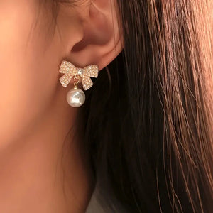 Bow Shape Women's Dangle Earrings Temperament Simulated Pearl Earrings t80