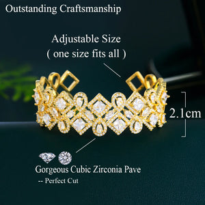 Square Water Drop Cubic Zirconia Shiny Dubai Gold Plated Big Wedding Bangle