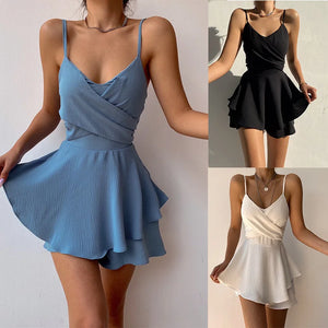 2024 Slim Suspender Strap Sexy Jumpsuits Y2k Solid Ruffles Rompers Summer Casual Threaded Slip Playsuits