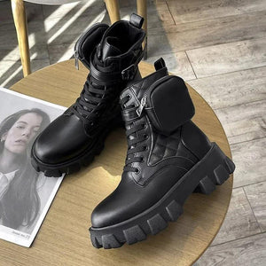 Punk Ankle Platform Motorcycle Boots Women Lace Up Chunky Heel Belt Buckle Pocket Shoes - www.eufashionbags.com