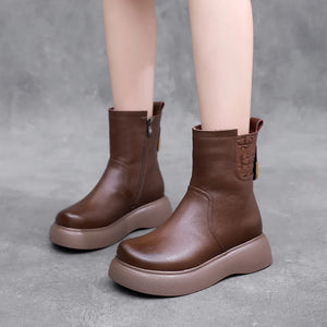 Genuine Leather Women Snow Boots Wool Fur Platform Mid Calf Shoes q160