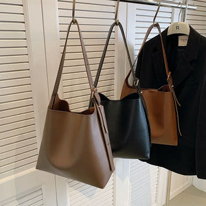 2 PCS/SET Solid Color Shoulder Bags for Women Leather Handbags Bucket Purses t73