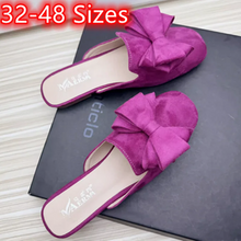 Laden Sie das Bild in den Galerie-Viewer, Women Spongy Sole Slippers Butterfly-Knot Flat Slides Square Toe Wide Fitting Flock Cloth Summer Sweet Shoes