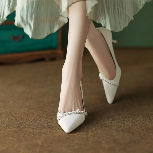 New Women's Pumps White Wedding Shoes High Heels Pointed Toe String Bead Boat Shoes Thin Heels Basic Pump Pearls