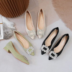 Women's Pumps Shoes Pointed-toe Rhinestone Square Buckle Chunky Heel Shoes w16