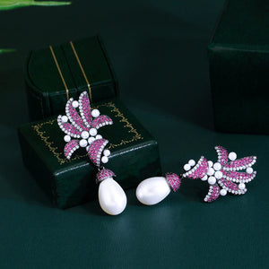 Glamorous Fuchsia Cubic Zirconia Earrings Pave Flower Leaf Long Pearl Earrings for Women