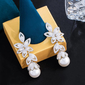 Long Cluster Leaf Shape Shiny Cubic Zircon Round Pearl Earrings Wedding Jewelry cw30 - www.eufashionbags.com