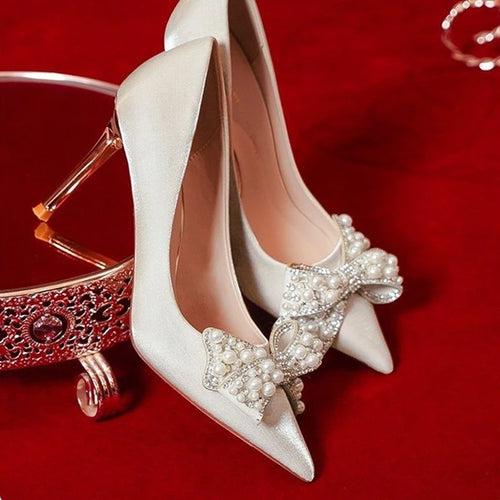 Luxury Pearl Bowknot Wedding Bridal Shoes for Women Sexy Pointed Toe Stiletto Heel Pumps Woman Beige Satin High Heels Shoes
