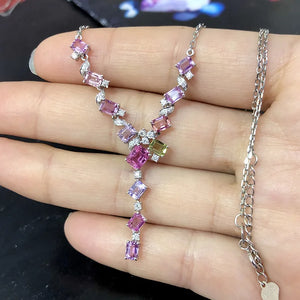 New Trendy Silver Color Geometric Necklaces For Women Shine Pink Purple Zircon Stone Inlay Jewelry