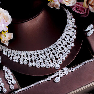 4pcs Luxury Tassel Leaf  Jewelry Set Drop Chunky Wedding Dubai White Gold Plated Sets