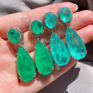 Silver Color Retro Large Water Drop Earrings for Women Simulation Paraiba Tourmaline Emerald Jewelry