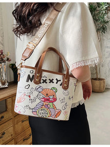 Cute Cartoon Graffiti Tote Bucket Bag Fashion Vintage Shoulder Straddle Bags for Women