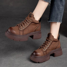 Load image into Gallery viewer, Cow Leather Women Shoes Square Med Heel Ankle Boots Lace Up Pumps
