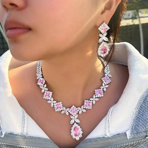 Pink Leaf Drop Cubic Zirconia Wedding Necklace Earrings Jewelry Sets b08