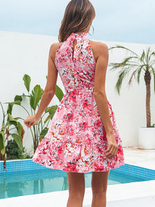 Summer Chiffon Dress Women Sexy Floral Print Ruffle Bandage Holiday Beach Sundress Casual Pink Halter A-line Short Dresses 2024