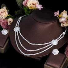 Load image into Gallery viewer, White Cubic Zirconia Flower Costume Jewelry Set Multi Layered Necklace Wedding Party