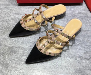 Shiny Gold Rivets T- Strap Sandals 4cm Med Heels Slippers Summer Mujer Sexy Dress Shoes Patent Leather And Matte Claussure