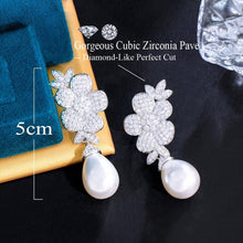 Charger l&#39;image dans la galerie, Micro Paved White Cubic Zirconia Flower Long Dangle Drop Pearl Earrings for Women cw28 - www.eufashionbags.com