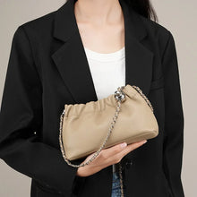 Cargar imagen en el visor de la galería, Women&#39;s Ruched Shoulder Crossbody Bag in Metallic Silver Genuine Soft Leather with Adjustable Gold Ball Chain