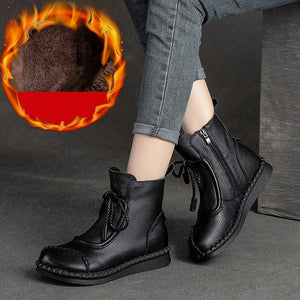 Vintage Genuine Leather Short Boots Winter Round Toe Lace-up Shoes