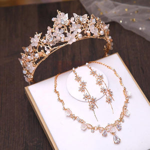 Fashion Crystal Pearl Butterfly Bridal Jewelry Sets Crown Earrings Necklaces Set bc35 - www.eufashionbags.com