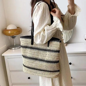 Casual Striped Straw Bag For Women Large Woven Shoulder Bag Summer Holiday Beach Bag Handmade Shopping Tote