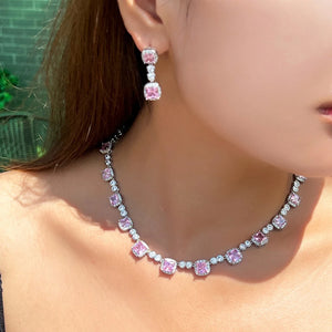 Square Pink Cubic Zirconia Jewelry Set for Women Wedding Necklace Earrings b111