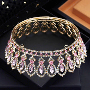 Pink Colors Royal Queen Wedding Crown for Bride Tiaras Bridal Diadem Round Princess Circle Hair Jewelry Accessories
