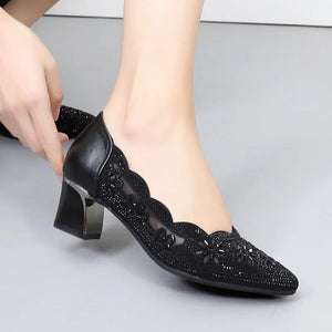 Genuine Leather Hollow Pumps Women Summer Fashion Shoes Med Heels Square Mesh Shoes f25