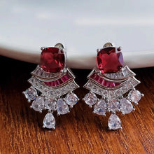 Carica l&#39;immagine nel visualizzatore di Gallery, Vintage Silver Color Crown Design Ruby Red Crystal Rings Stud Earrings for Women x55