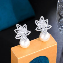 Load image into Gallery viewer, Flower Leaf Shape Glittering Pearl Earrings Cubic Zirconia Pave Women Accesories b140