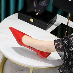 Women Original Working Heels Patent Leather Low Cutter Shiny Pumps Long Toe Shallow Mouth Slip-On In Red White Null Dress Shoes