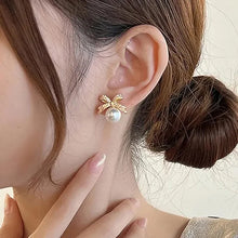 Load image into Gallery viewer, Bow Imitation Pearl Stud Earrings for Women Temperament Gold Color CZ Earrings Wedding Party New Trendy Jewelry