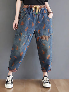 Jeans For Women Spring Street Feather Embroidery Color Contrast Loose Thin Drawstring Pockets Elastic Waist Denim Pants