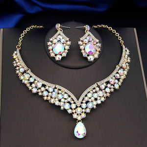 Royal Queen Water Drop Bridal Jewelry Sets Princess Tiaras and Necklace Earrings Wedding Crown Dubai Jewellry Set