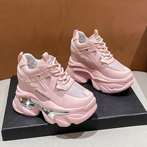 Women Mesh Breathable Sneakers High Heel Lace-up Platform Shoes Inner Increasing Shoes