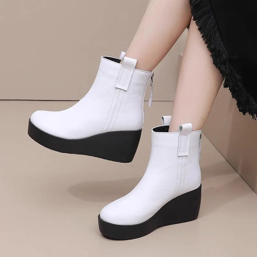 Women Genuine Leather Wedges Snow Boots Height Increasing Short Boots q140